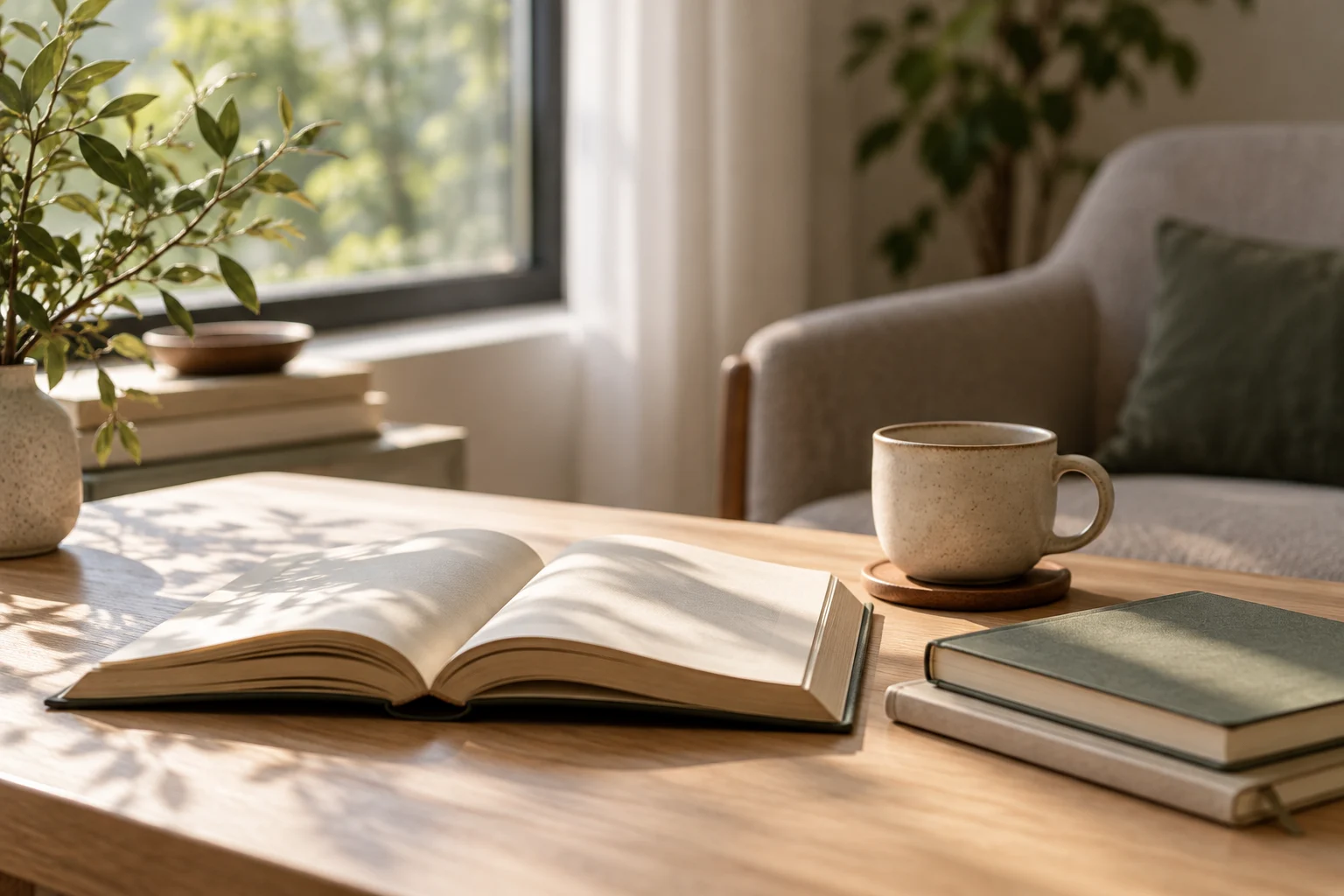Livro aberto e cadernos em uma composição ilustrativa de reflexão