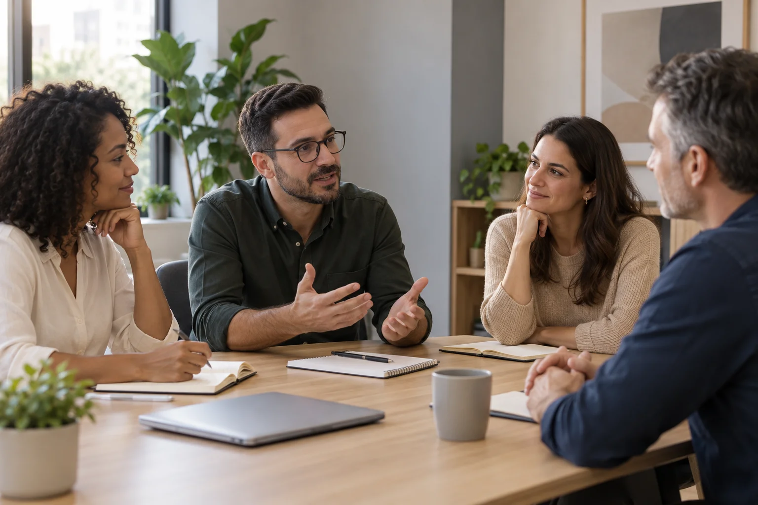 Conversa ilustrativa entre profissionais em uma sala de reunião